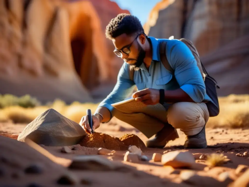 Técnicas sostenibles de geología: Geólogo analizando roca con lupa en paisaje impresionante, resaltando detalles intrincados y fuerzas dinámicas