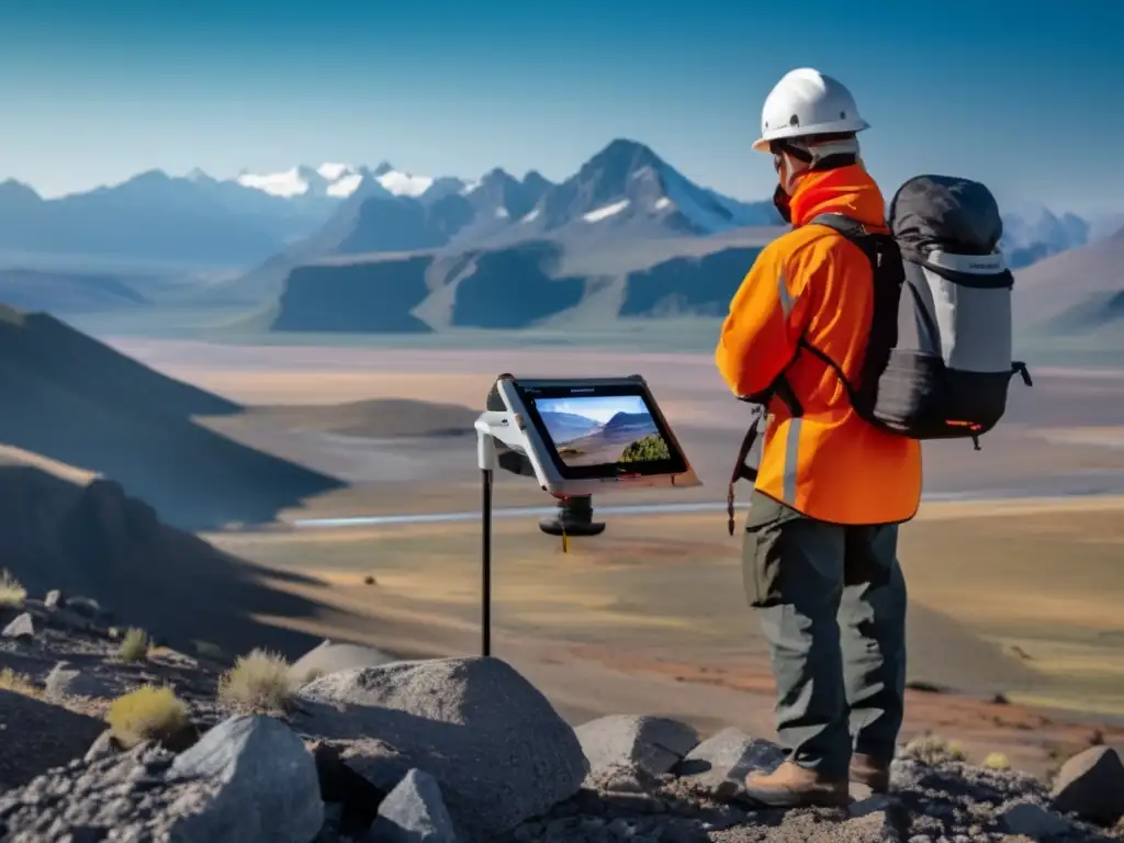 Geólogo explorando minerales en paisaje remoto con tecnologías sostenibles