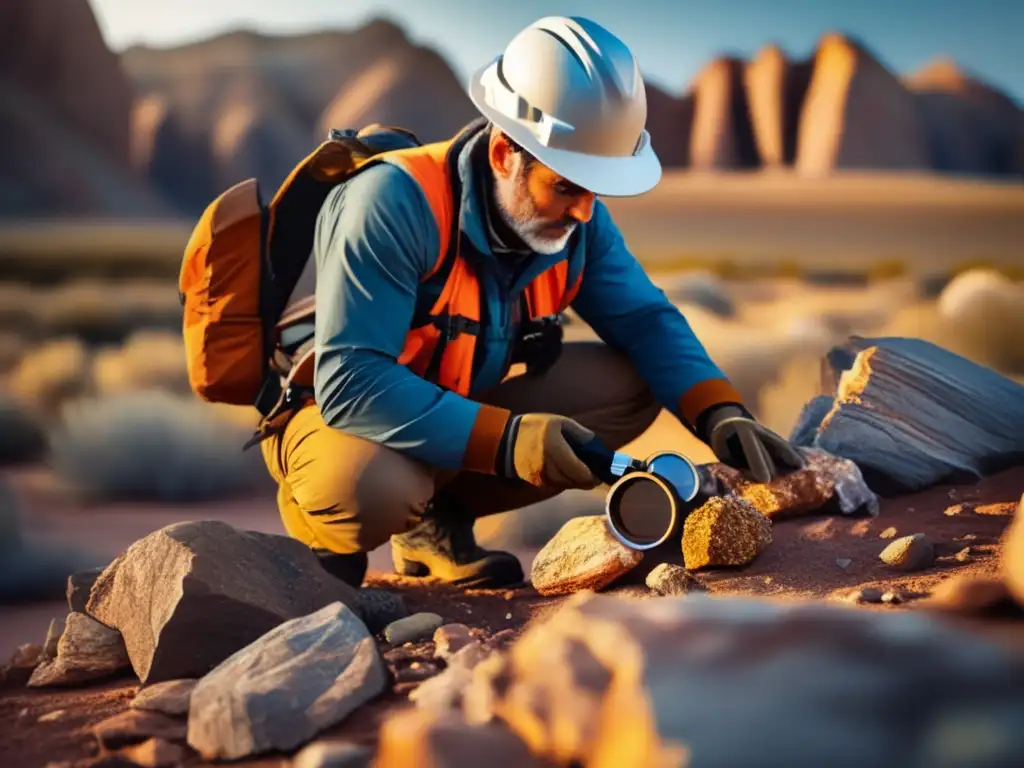 Geólogo en terreno examina muestra rocosa y utiliza tecnología sostenible para mapeo geológico