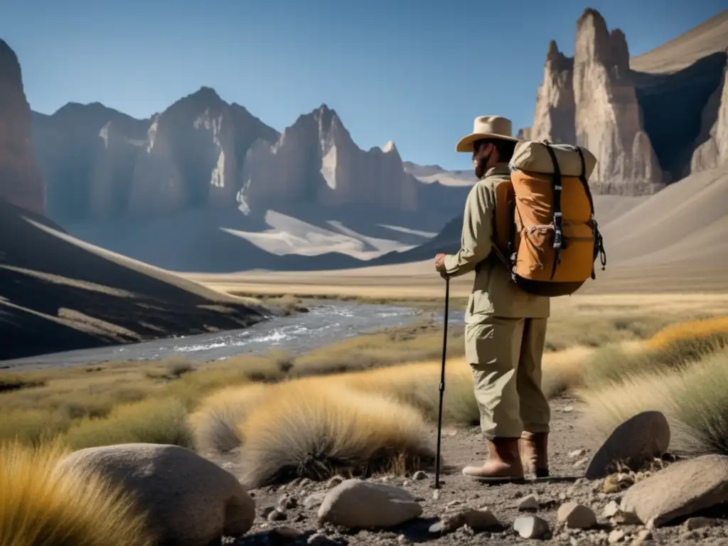 Técnicas sostenibles de mapeo geológico en paisaje remoto y desafiante, geólogo con equipamiento examinando formaciones rocosas