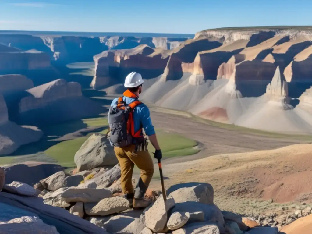 Un geólogo en un paisaje rocoso, usando equipo de protección y sosteniendo un martillo geológico