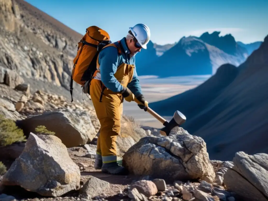 Geólogo explorando terreno rocoso con técnicas sostenibles en minería y conservación de recursos