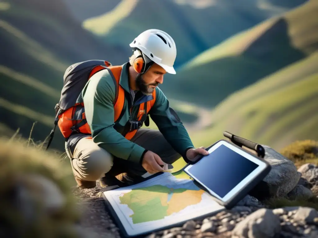 Geólogo examinando mapa geológico en terreno montañoso con técnicas avanzadas de mapeo (110 caracteres)