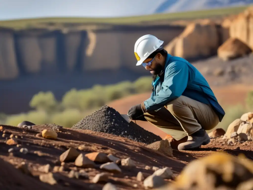 Técnicas sostenibles en minería: Geólogo recolectando muestras de roca en sitio minero responsable