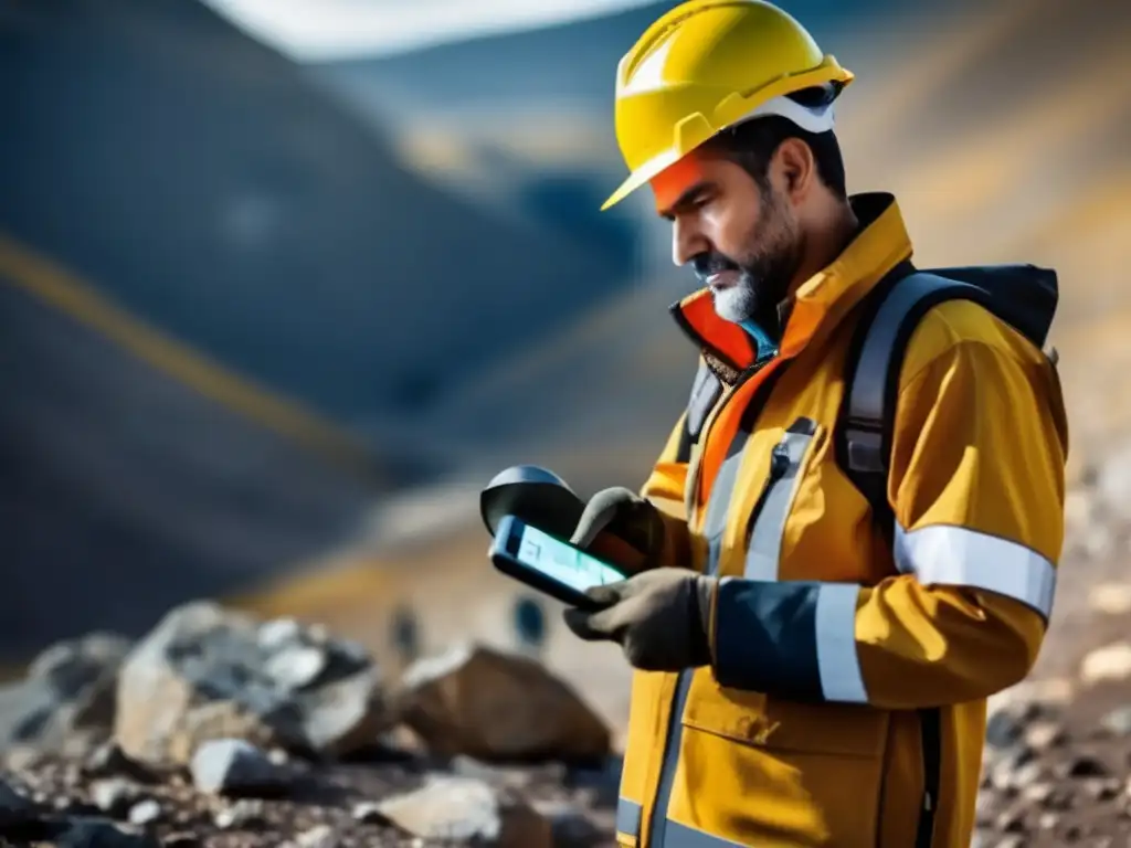 Geólogo usando tecnología de detección de minerales eficaz en entorno minero -