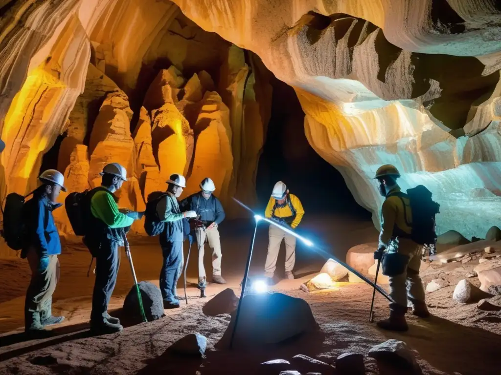 Mejores prácticas para mapeo geológico sostenible: geólogos profesionales analizando y mapeando en una cueva rocosa