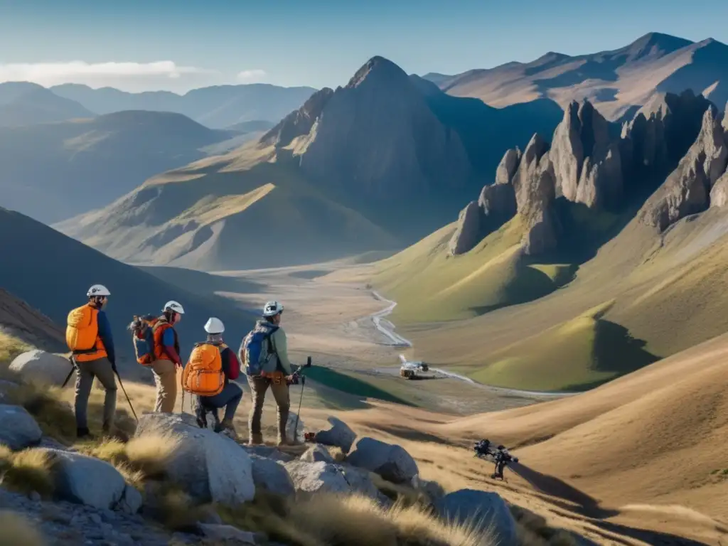 Importancia del mapeo geológico en prevención de desastres: equipo de geólogos en acción en paisaje montañoso