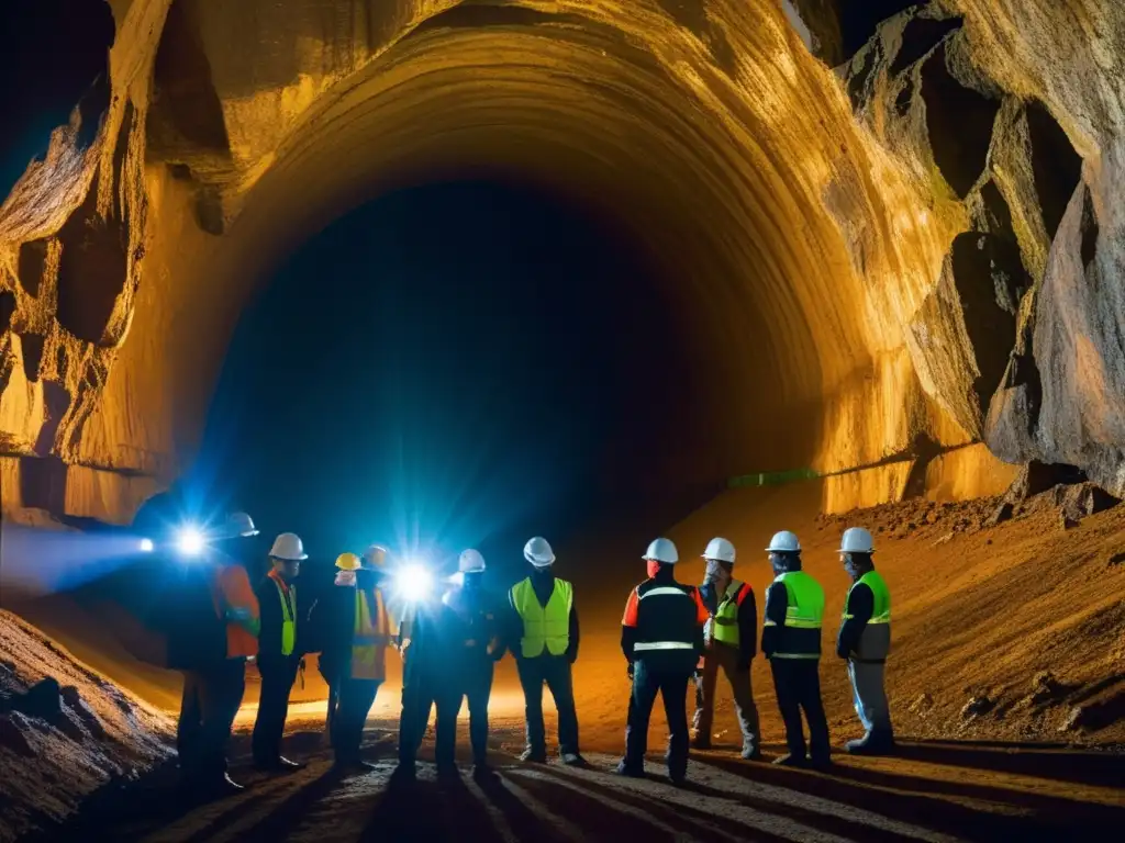 Importancia del mapeo geológico en minería subterránea: geólogos equipados con herramientas avanzadas examinan y documentan la mina