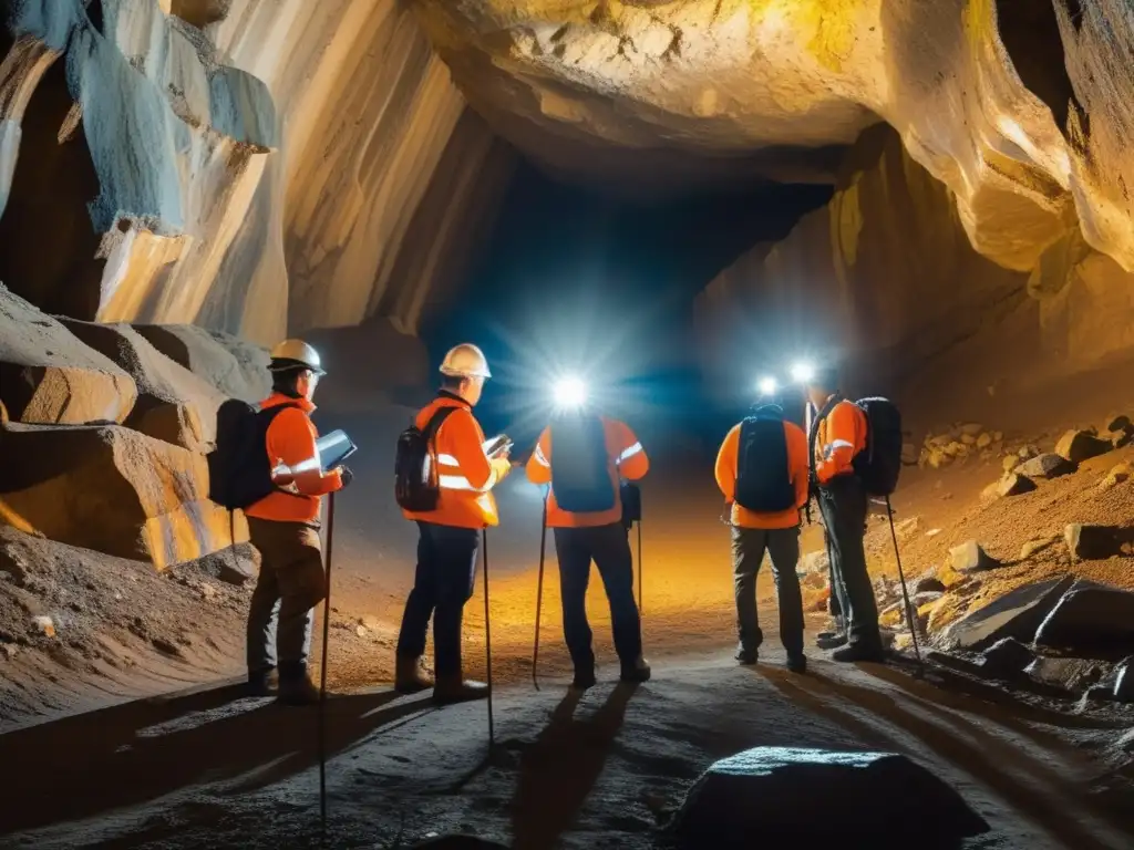 Geólogos mapeando formaciones geológicas en mina subterránea: Importancia del mapeo geológico en minería subterránea