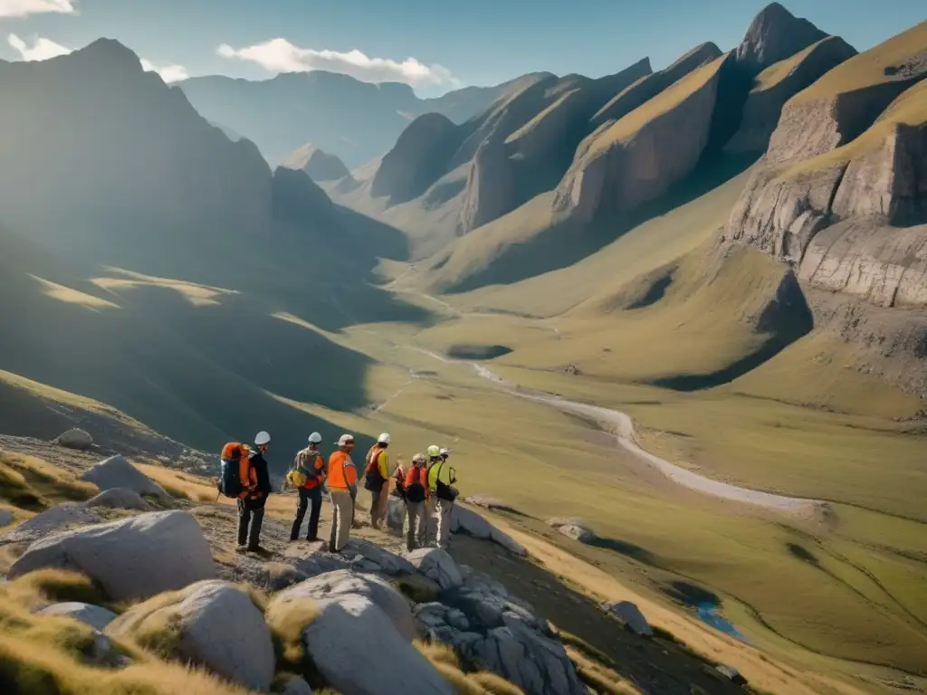 Importancia del mapeo geológico en ingeniería y construcción: equipo de geólogos realizando una detallada inspección en terreno montañoso