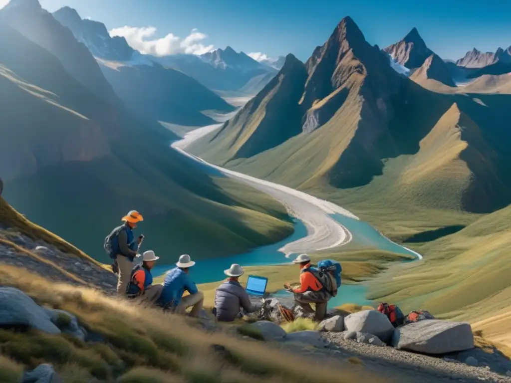 Técnicas sostenibles de mapeo geológico avanzado en paisaje montañoso con geólogos y equipo