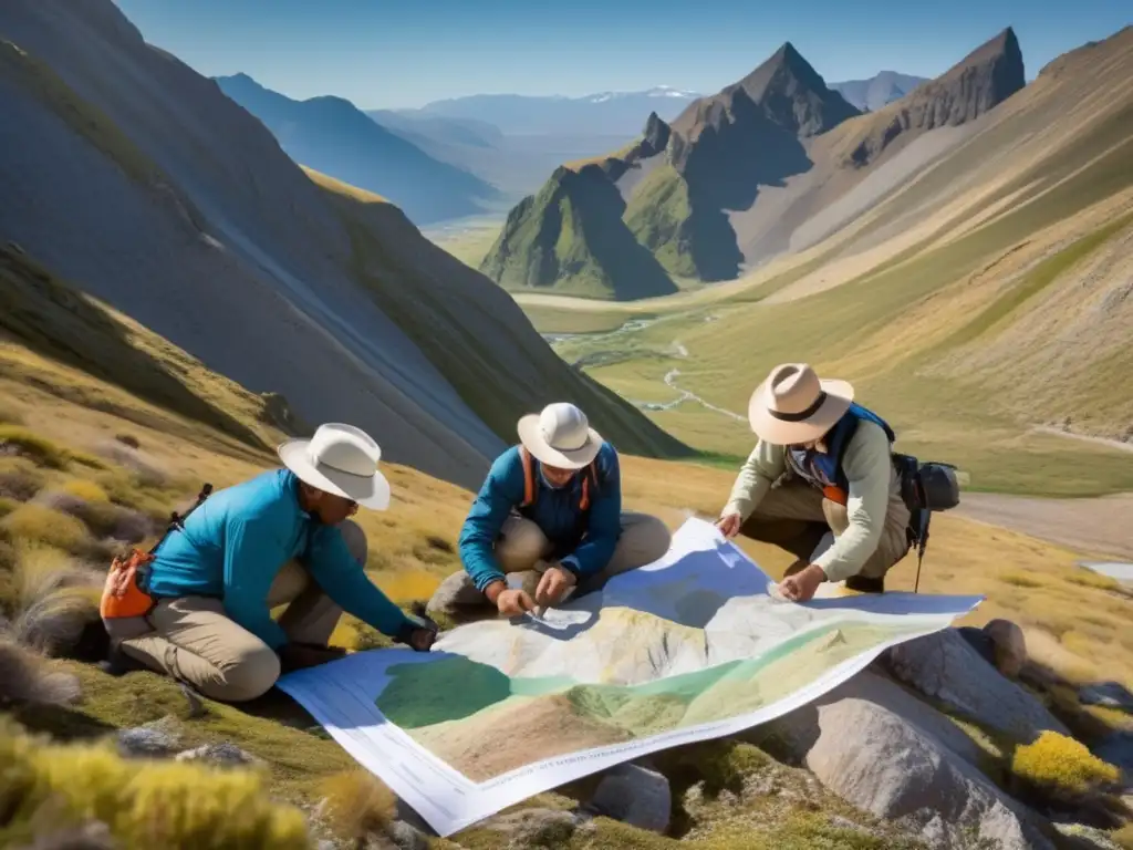 Herramientas sostenibles para exploración minera en terreno montañoso con geólogos analizando formaciones rocosas y zonas prometedoras