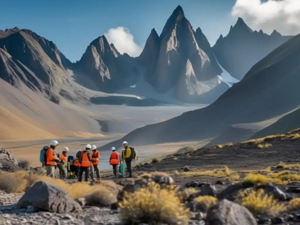 Interpretación geofísica en minería sostenible: Geólogos examinando terreno montañoso y recolectando muestras de suelo