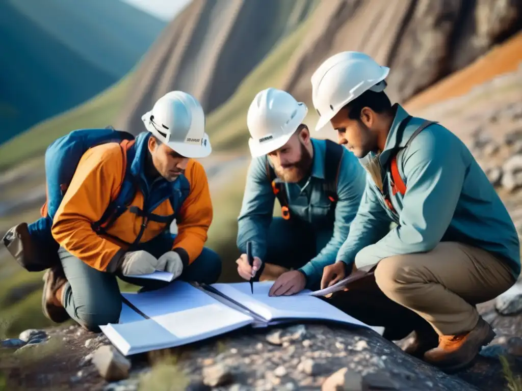 Técnicas sostenibles de mapeo geológico en paisaje montañoso con equipo de geólogos