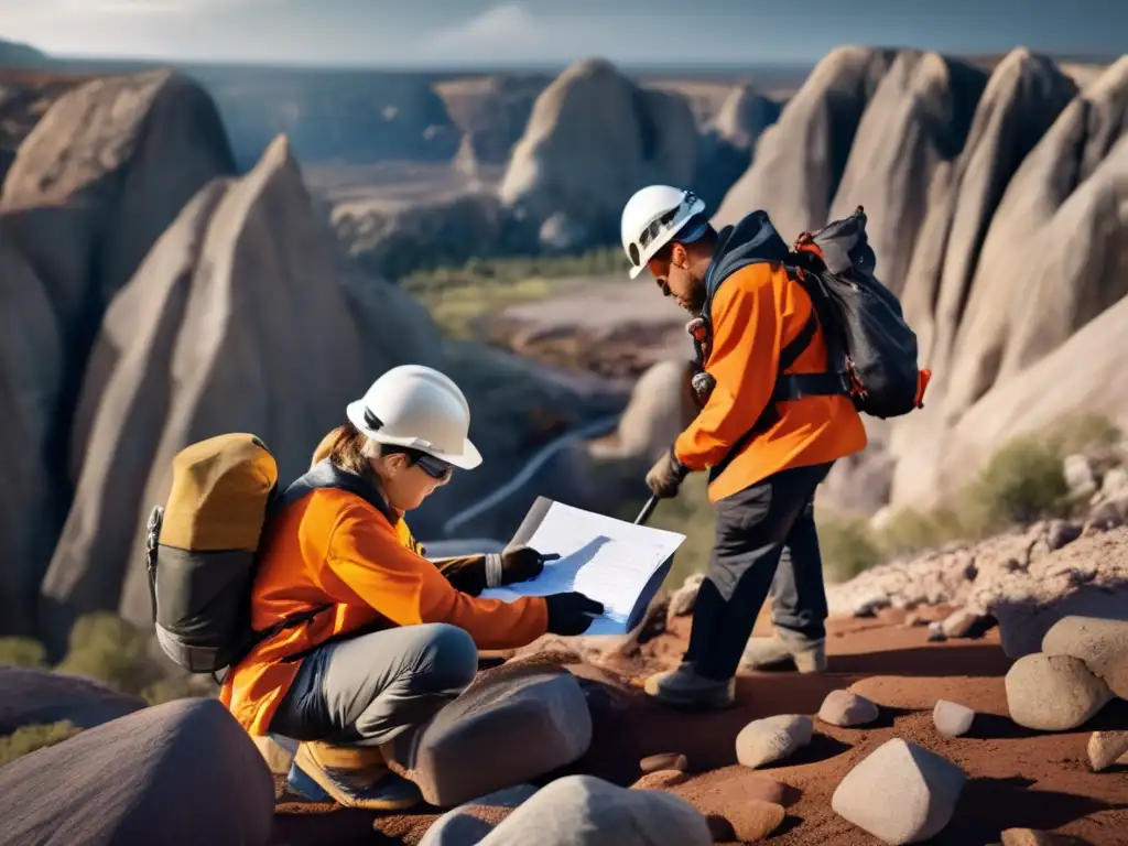 Geólogos en terreno, explorando formaciones rocosas y recolectando datos para geología sostenible