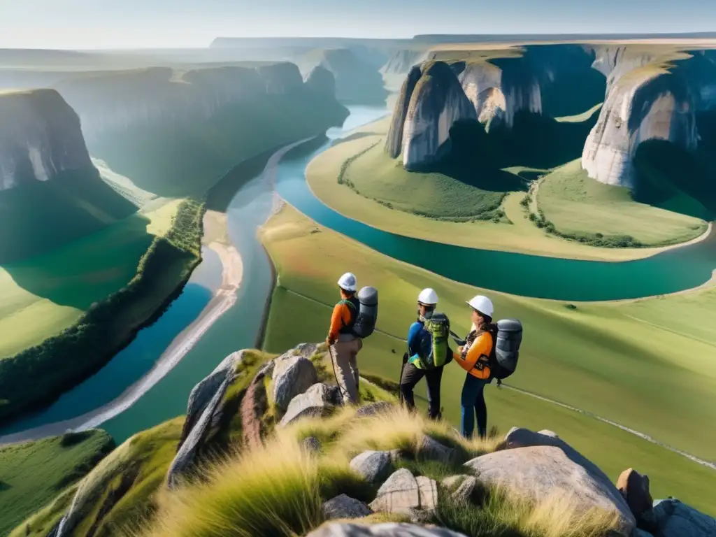 Grupo de geólogos en paisaje impresionante, discutiendo formaciones rocosas - Curso de capacitación en geología aplicada