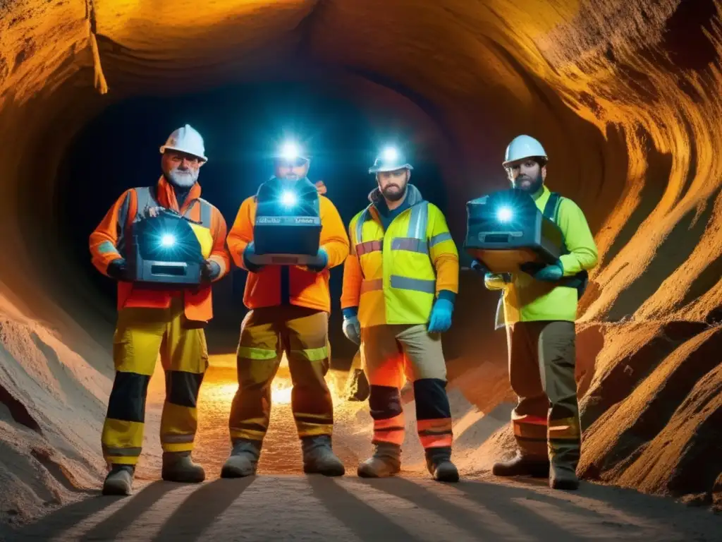 Tecnologías emergentes detección minerales subterránea, geólogos equipados, túnel subterráneo con minerales vibrantes