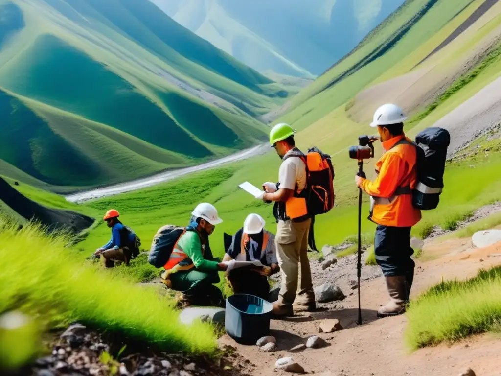 Importancia del mapeo geológico en minería sostenible: geólogos en el campo trabajando con herramientas avanzadas y equipo de protección