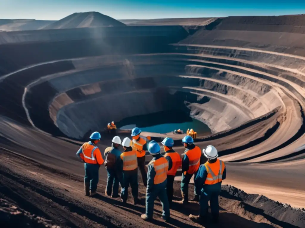 Gestión financiera sostenible en minería: mineros trabajando en mina a cielo abierto con maquinaria y paisaje impresionante