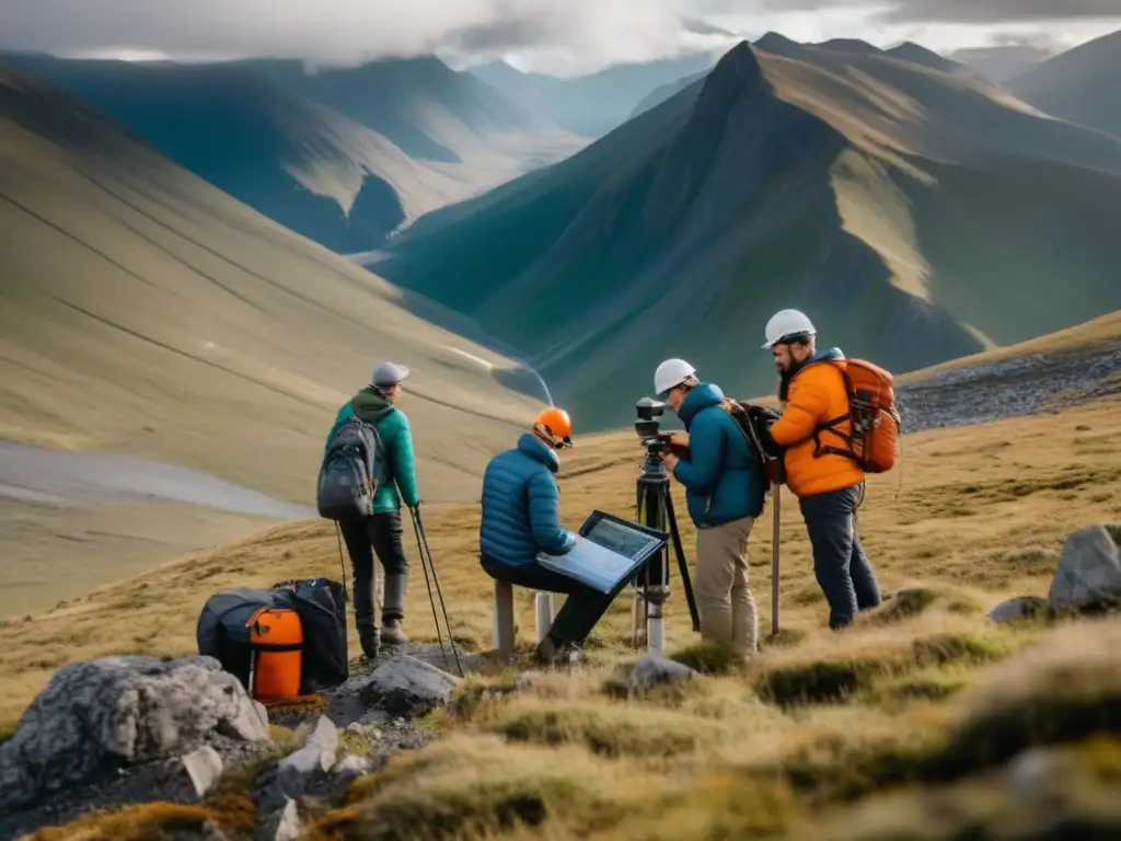 Técnicas de interpretación geofísica sostenible en terreno montañoso con científicos midiendo variaciones gravitacionales