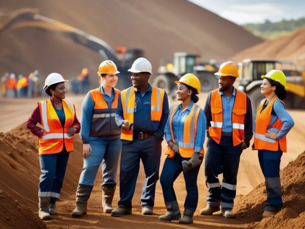 Trabajo en equipo: mineros diversos en sitio minero, operando maquinaria, inspeccionando equipos