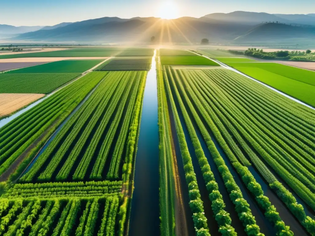 Vista aérea de paisaje agrícola verde exuberante con cultivos en hileras y sistemas de riego detallados