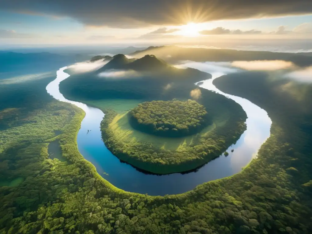 Impacto minería en la Amazonía: Selva amazónica enigmática y vibrante, con río cristalino y biodiversidad amenazada