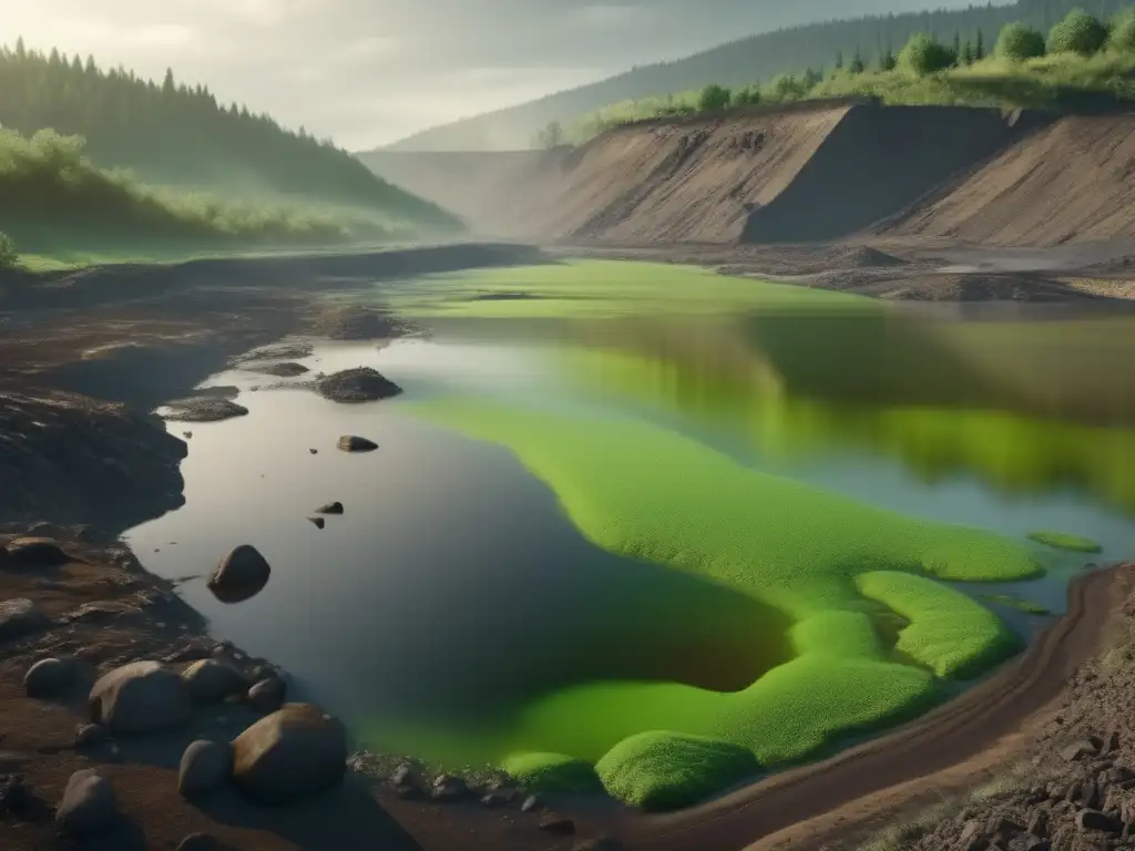 Impacto ambiental minería cuerpos agua: Escena devastadora de contaminación por minería en un río, con lodo tóxico, desechos químicos y fauna muerta