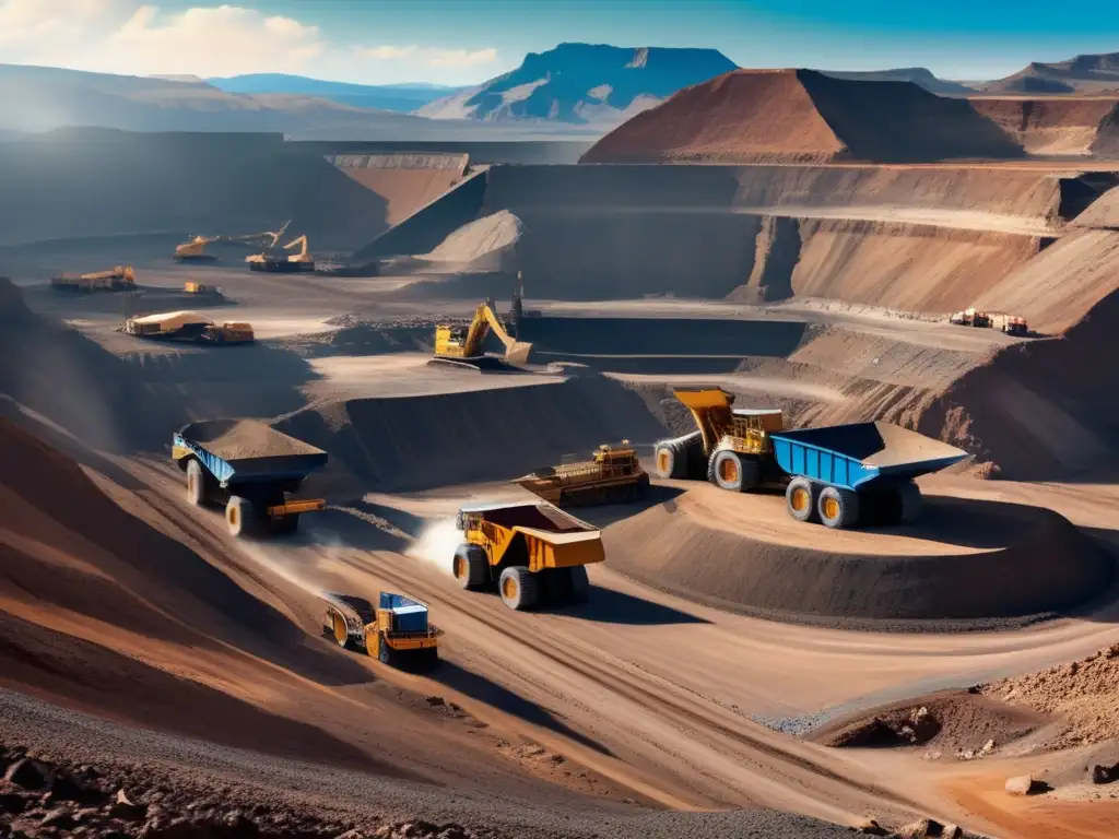 Importancia de la geología en la minería: mina a cielo abierto, maquinaria, montañas, extracción mineral