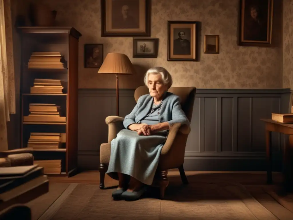 Impacto social de la minería en ancianos: mujer solitaria en una habitación oscura, rodeada de recuerdos desgastados