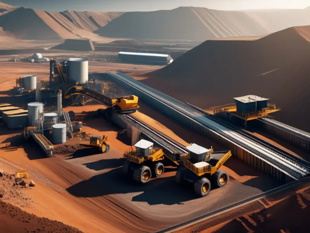 Minería sostenible y ética Gestión ética para minería sostenible: paisaje minero con maquinaria activa y trabajadores vigilantes en un entorno montañoso y soleado