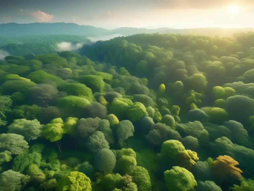 Vista aérea de bosque exuberante y diverso con río serpenteante y montañas nevadas