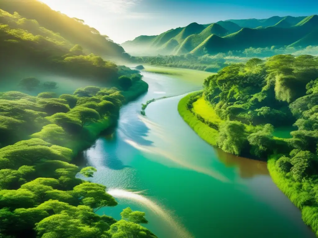 Impacto del reasentamiento en conservación de recursos mineros: paisaje verde exuberante con río cristalino y detalles naturales