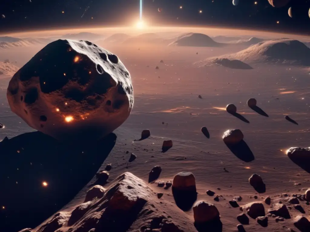 Extracción de asteroides y leyes internacionales: Imagen detallada en 8k de un asteroide minado por una nave espacial robótica