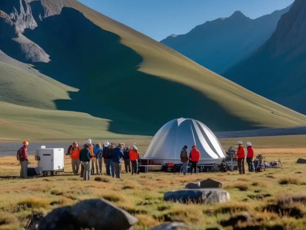 Geofísicos analizando datos en majestuosa montaña