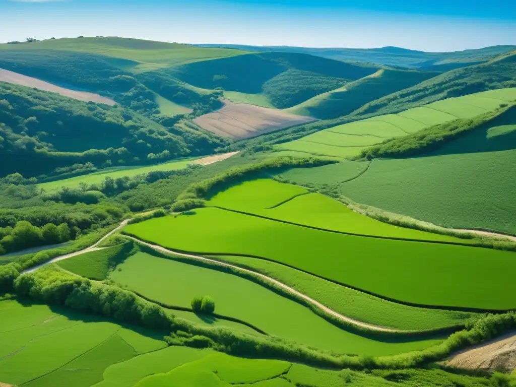 Técnicas sostenibles para explotación minera: paisaje verde con colinas, cielo azul, restauración exitosa y vegetación vibrante