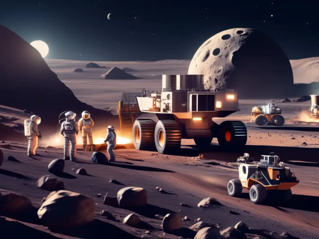 Minería sostenible en la Luna: Astronautas en acción, extrayendo recursos de forma responsable en un paisaje lunar realista