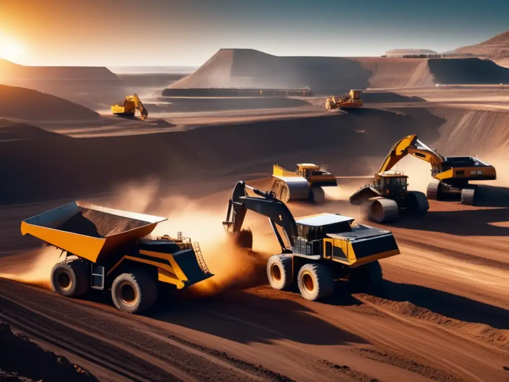 Paisaje minero con maquinaria y operarios Técnicas de mapeo 3D en minería: Imagen 8k ultradetallada de una mina en acción, con maquinaria gigante y trabajadores en equipo