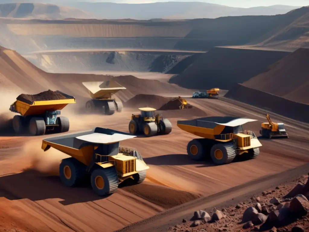 Minería automatizada: eficiencia y tecnología avanzada Beneficios de la automatización minera: Mina a cielo abierto con maquinaria autónoma y robots de exploración en terreno montañoso