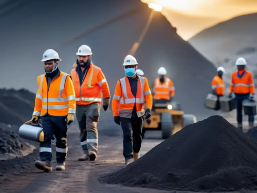 Equipos de protección en minería sostenible, trabajadores con vestimenta avanzada en mina