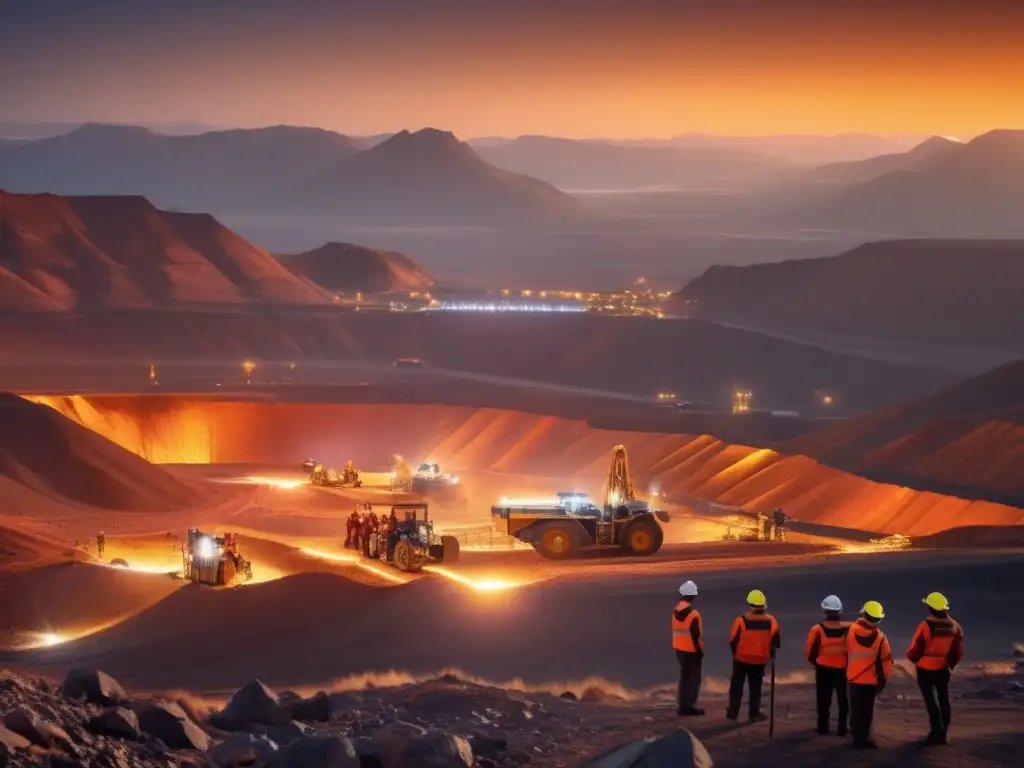 Técnicas sostenibles de minería: paisaje minero al atardecer con mineros, tecnología avanzada y gestión eficiente del agua