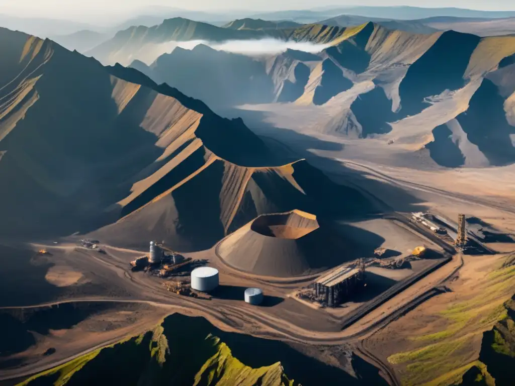 Minería sostenible y cambio climático: Paisaje minero detallado, montañas, maquinaria, río y bosque