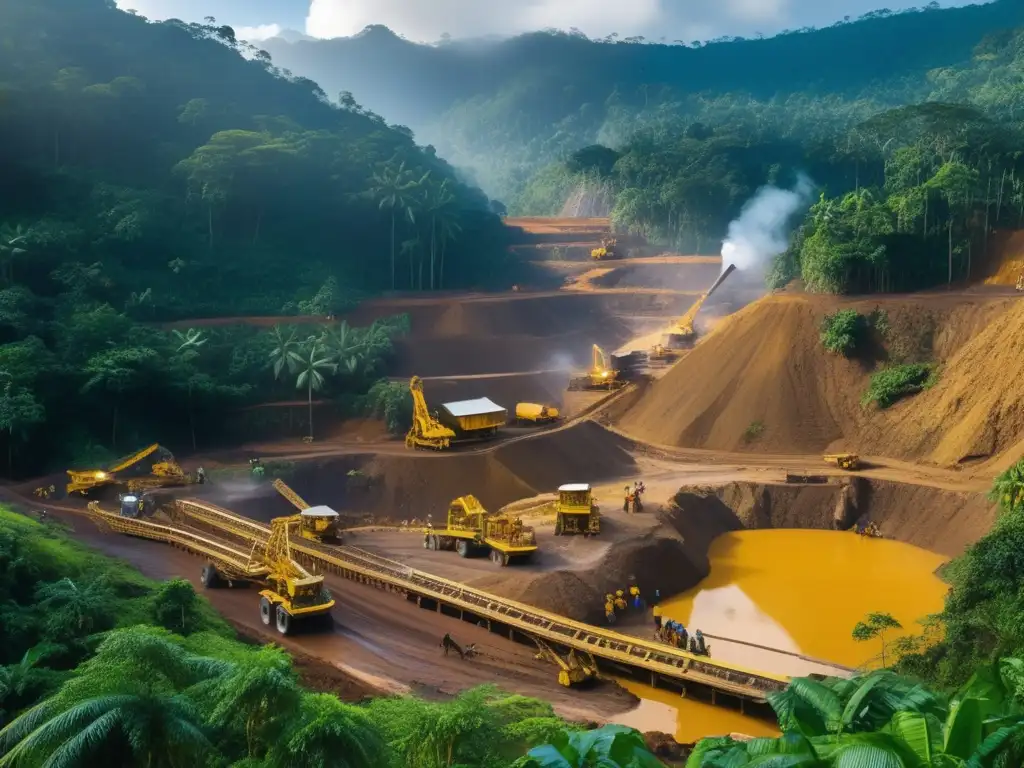 Técnicas sostenibles en minería de oro: trabajadores extraen oro en una selva tropical con maquinaria especializada