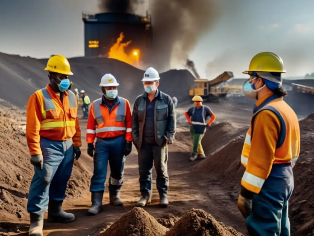 Prevención enfermedades mineras: Mineros en entrenamiento, equipo de protección y señalización resaltan riesgos y medidas preventivas