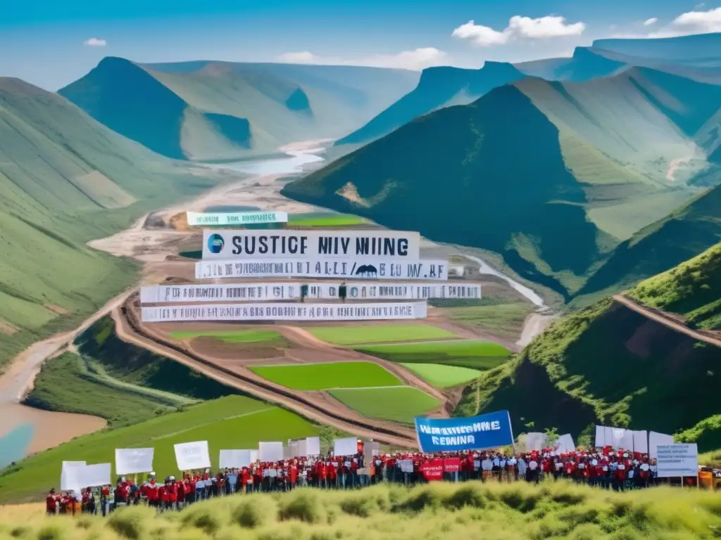 Movimientos sociales en minería sostenible: Activistas, mina, montañas, cielo, vehículos eléctricos y compromiso