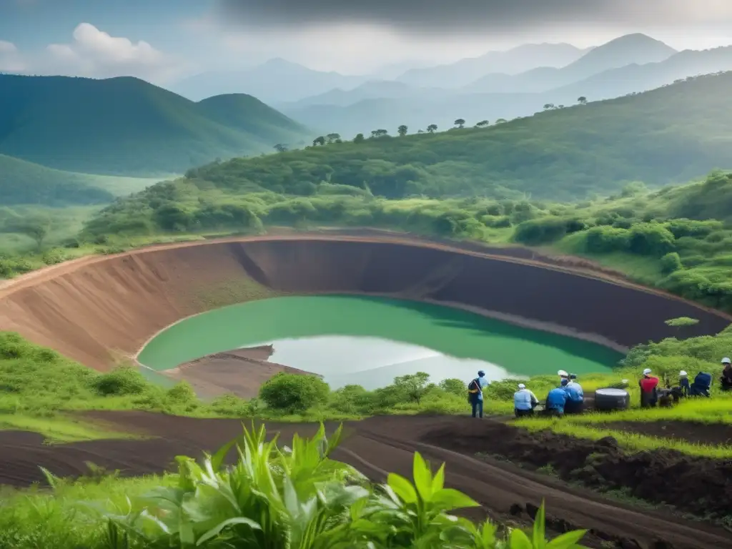 Beneficios sostenibles de la minería en un paisaje de mina rodeado de naturaleza y científicos evaluando su impacto