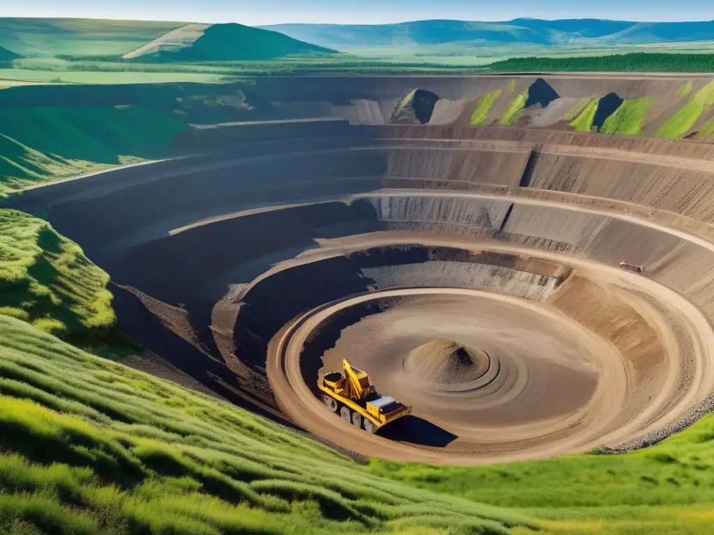 Beneficios de la minería sostenible en una imagen de mina a cielo abierto rodeada de naturaleza y maquinaria en acción