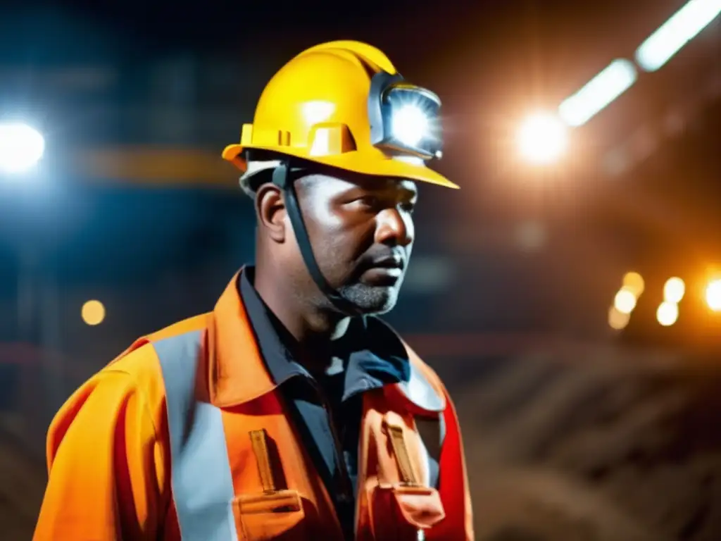 Trabajador minero con equipo de protección seguro y reflectante en ambiente subterráneo