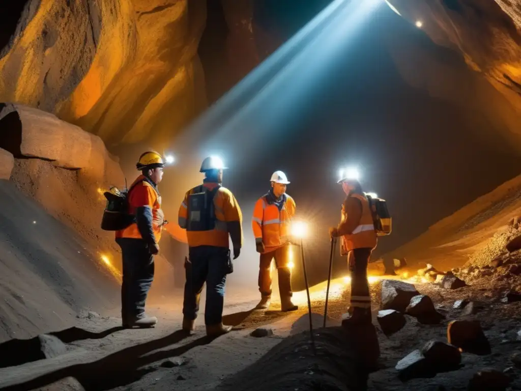 Nuevas tecnologías en seguridad minera: mineros trabajando con equipamiento avanzado y determinación en una mina moderna