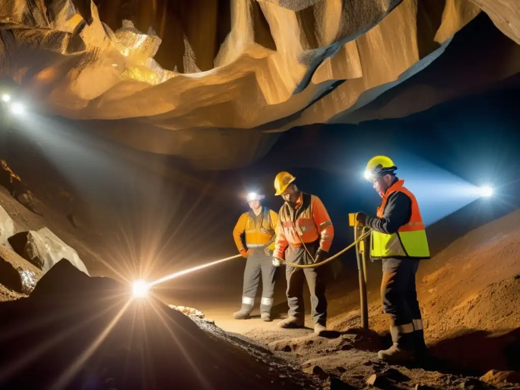 Trabajadores mineros utilizando equipos avanzados Técnicas de mapeo 3D en minería: Mineros trabajando con seguridad en una mina, utilizando avanzado equipo de escaneo láser
